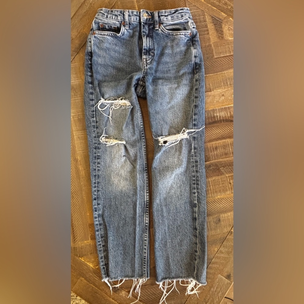 Topshop High-Rise Straight Distressed Jeans Frayed Hem Medium Wash Blue Women